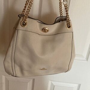 Coach Edie Turnlock Cream Pebbled Leather Shoulder Bag with Gold Chain Strap